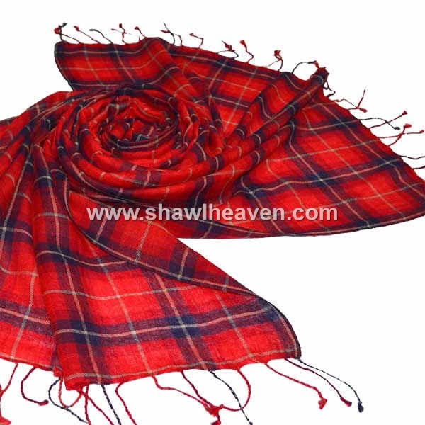 classic red navy tartan check pattern scarf in pure wool, with tassels